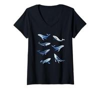 Donna Balene Ocean Life Marine Watching Whale Watching Blue Maglietta con Collo a V
