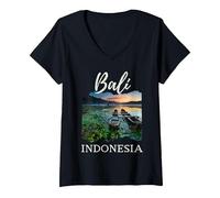 Donna Bali Indonesia Tamblingam Lake Barche di Legno Ragazzi papà Uomini Maglietta con Collo a V, Nero, S