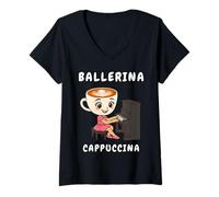 Donna Ballerina Cappuccino Pianoforte Carino Italiano Brainrot Meme Ragazze Maglietta con Collo a V