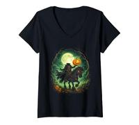 Donna Bambini Cavaliere Senza Testa Jack O Lanterna Halloween Rider Maglietta con Collo a V