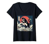 Donna Bambini Pantera Nera Arte Giapponese Vintage Black Panther Party Maglietta con Collo a V