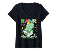 Donna Bambini Rawr I'm Three-Rex 3° Compleanno 3 Anni Dinosauro Maglietta con Collo a V