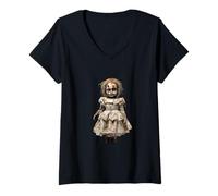 Donna Bambola Gotica infestata con Arte estetica Horror Vintage Maglietta con Collo a V