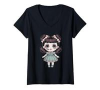 Donna Bambola stregata Chibi Goth Kawaii Halloween Maglietta con Collo a V