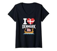 Donna Bandiera a Forma di Cuore della Nave vichinga I Love Denmark Maglietta con Collo a V