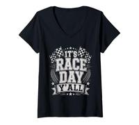 Donna Bandiera a Scacchi con Scritta Its Race Day Maglietta con Collo a V