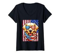 Donna Bandiera americana Golden Retriever USA Retro 4 luglio cane Maglietta con Collo a V