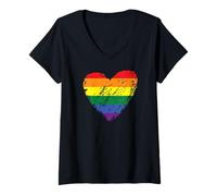 Donna Bandiera Arcobaleno Cuore Colorato LGBTQ+Lesbiche Gay Pride Vintage Maglietta con Collo a V