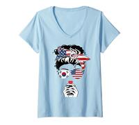 Donna Bandiera Coreana Americana caffè Mamma Ragazza Sorella Zia Corea USA Bandiera Maglietta con Collo a V