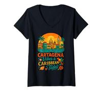 Donna Bandiera della Colombia Cartagena Caraibi Colombia Bandiera Maglietta con Collo a V