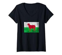 Donna Bandiera Galles Cymru Cardiff Swansea Wrexham Maglietta con Collo a V