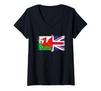Donna Bandiera Gallese e Union Jack per Orgoglio Galles o Wales UK Maglietta con Collo a V