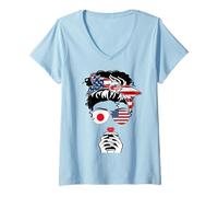 Donna Bandiera Giapponese Americana caffè Mamma Ragazza Sorella Zia Giappone USA Maglietta con Collo a V