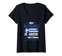 Donna Bandiera Greca con Scritta in Lingua Inglese My Husband Is Greek Nothing Scares Me Maglietta con Collo a V