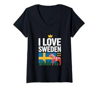 Donna Bandiera I Love Sweden Dala Horse Trees Maglietta con Collo a V