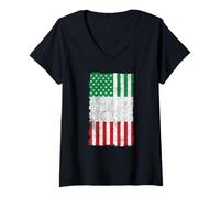 Donna Bandiera italiana americana con stampa invecchiata Maglietta con Collo a V