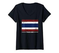 Donna Bandiera Nazionale della Thailandia, Vintage, Design Invecchiato Maglietta con Collo a V