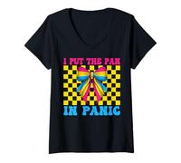Donna Bandiera pansessuale con scritta "I Put The Pan In Panic LGBTQ" Maglietta con Collo a V