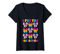 Donna Bandiera pansessuale con scritta "I Put The Pan In Panic LGBTQ" Maglietta con Collo a V