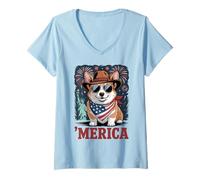 Donna Bandiera patriottica Corgi 'Merica divertente 4 luglio Corgi USA Maglietta con Collo a V