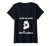 Donna Bandiera retrò della Corea del Sud dell'isola Jeju invecchiata della Corea del Sud Maglietta con Collo a V