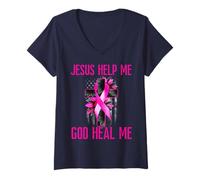 Donna Bandiera Rosa con Scritta Gesus Help Me God Heal Me Breast Cancer Awareness Maglietta con Collo a V