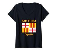 Donna Bandiera Rosso Bianco Giallo Barcellona Spagna Maglietta con Collo a V