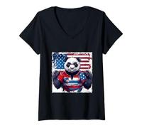 Donna Bandiera USA Mascotte Panda Americano Maglietta con Collo a V
