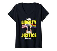 Donna Bandiera USA Pride con Scritta with Liberty And Justice for all Pride Month Maglietta con Collo a V