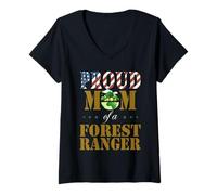 Donna Bandiera Vintage Americana Orgogliosa Mamma di Un Foresta Ranger Amanti Maglietta con Collo a V