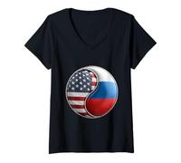 Donna Bandiera Yin Yang Americana e Russa per espatriati Dual Heritage Maglietta con Collo a V