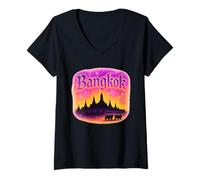 Donna bangkok, tramonto, orizzonte, con, tuk-tuk, in, retro, aerografo, stile Maglietta con Collo a V