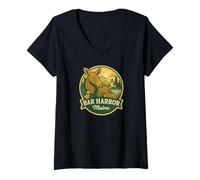 Donna Bar Harbor Maine Alce Madre e Vitello Badge Design Maglietta con Collo a V