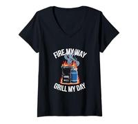Donna Barbecue Fire My Way Smoky Flavor Chef Griglia barbecue all'aperto Maglietta con Collo a V