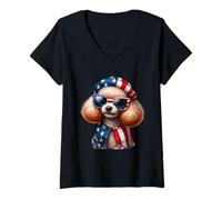 Donna Barboncino bandiera americana 4 luglio carino patriottico amante dei cani Maglietta con Collo a V