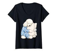 Donna Barboncino Bianco Che Dorme in Pigiama Carino Cane Che Dorme Maglietta con Collo a V