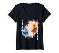 Donna Barca a Vela Nautica con Faro Vintage Maglietta con Collo a V