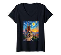 Donna Barcellona Sagrada Familia Pop Art Stellato Maglietta con Collo a V