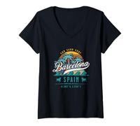Donna Barcellona Spagna Catalogna Beach Retro Sun Sand Surf Palme Maglietta con Collo a V
