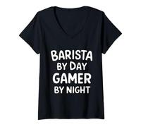 Donna Barista by Day Gamer by Night Maglietta con Collo a V