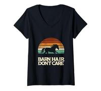Donna Barn Hair Don't Care Divertente Equitazione Amante dei Cavalli Maglietta con Collo a V