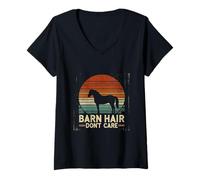 Donna Barn Hair Don't Care Divertente Equitazione Amante dei Cavalli Maglietta con Collo a V