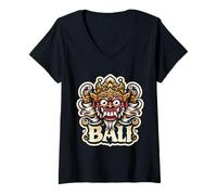 Donna Barong Maschera viso Bali Indonesia colorato Mitologia Suvenir Maglietta con Collo a V