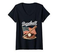 Donna Baseball Bandiera Americana Con Guanto E Mazza Maglietta con Collo a V