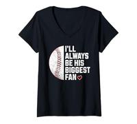 Donna Baseball Mom I'll Always be His Big Fan Maglietta con Collo a V