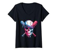 Donna Baseball Skull With Bats Dripping Colors Maglietta con Collo a V