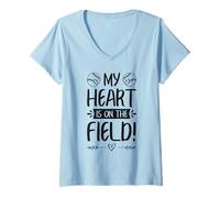 Donna Baseball Softball Mamma papà Il Mio Cuore è sul Campo Maglietta con Collo a V