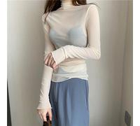 Donna Basic Maglia Camicetta Pullover Tulle collo Alto Semi Puro Elastico Casual
