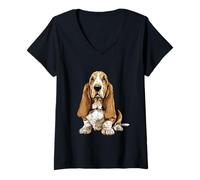 Donna Basset Hound Dog Illustrazione Maglietta con Collo a V