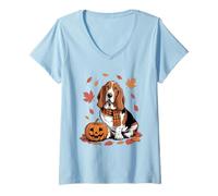Donna Basset Hound Dog Lover Zucca Autunno Autunno Ringraziamento Maglietta con Collo a V